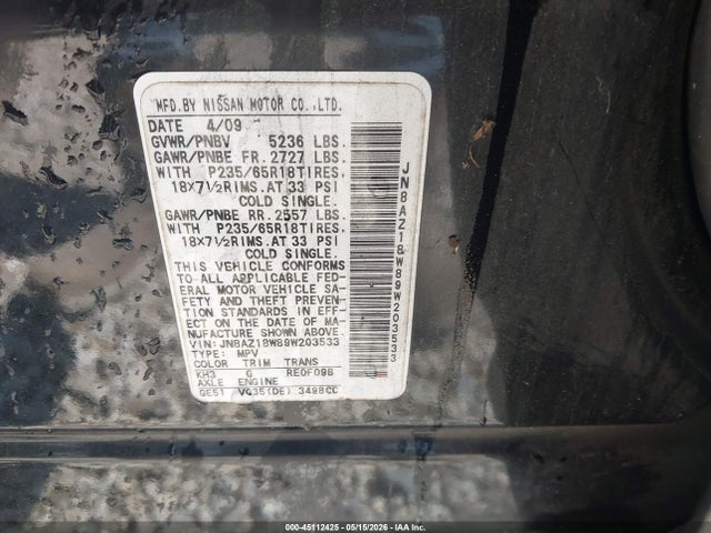 Продаж на аукціоні авто 2009 Nissan Murano S, vin: JN8AZ18W89W203533, номер лоту: 45112425