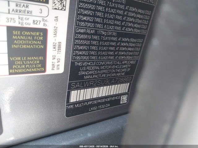 SALWR2SU9LA728869 Land Rover Range Rover Sport Hse Mhev