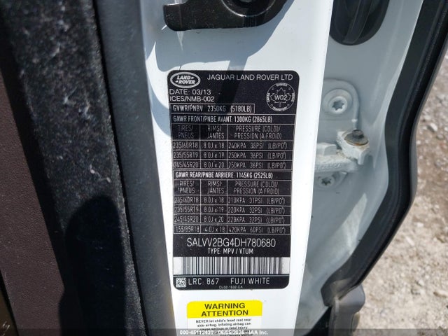 2013 Land Rover Range Rover Evoque Pure მანქანა იყიდება აუქციონზე, vin: SALVV2BG4DH780680, აუქციონის ნომერი: 45112430