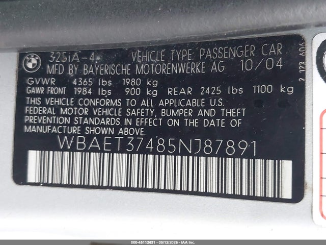 Aukcja sprzedaży 2005 Bmw 325i, vin: WBAET37485NJ87891, numer aukcji: 45112431
