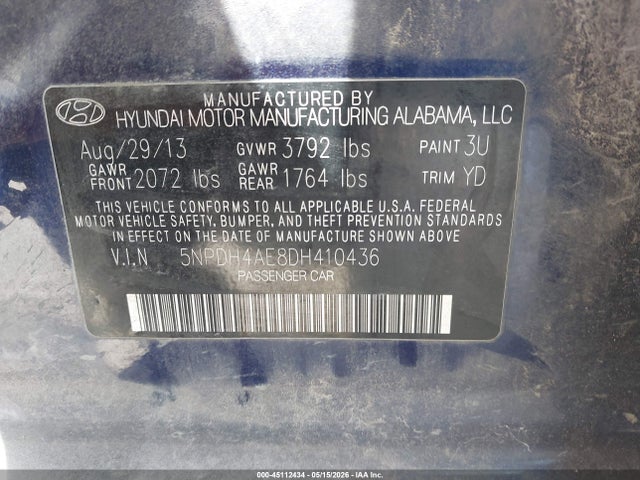 45112434 :رقم المزاد ، 5NPDH4AE8DH410436 vin ، 2013 Hyundai Elantra Gls مزاد بيع