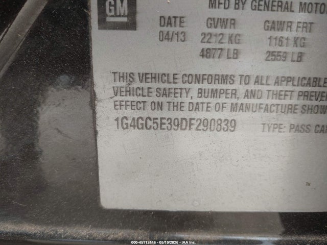 45112446 :رقم المزاد ، 1G4GC5E39DF290839 vin ، 2013 Buick Lacrosse Leather Group مزاد بيع