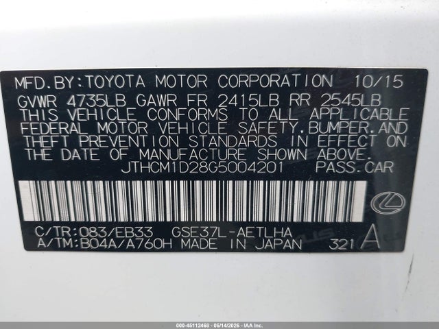 Auction sale of the 2016 Lexus Is 300, vin: JTHCM1D28G5004201, lot number: 45112468