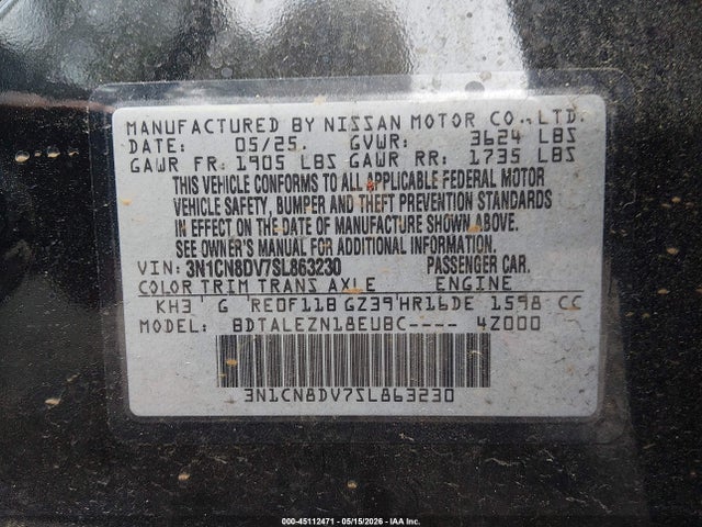 45112471 :رقم المزاد ، 3N1CN8DV7SL863230 vin ، 2025 Nissan Versa 1.6 S مزاد بيع