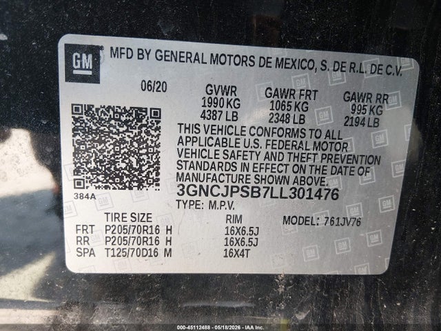 45112488 :رقم المزاد ، 3GNCJPSB7LL301476 vin ، 2020 Chevrolet Trax Awd Lt مزاد بيع