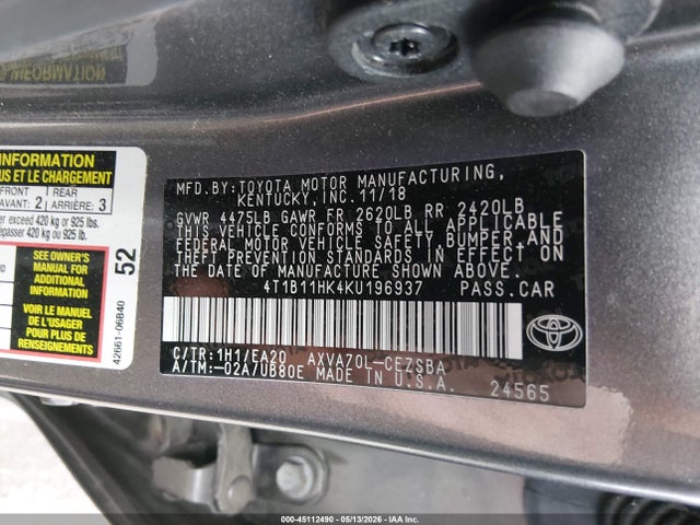 45112490 :رقم المزاد ، 4T1B11HK4KU196937 vin ، 2019 Toyota Camry Se مزاد بيع