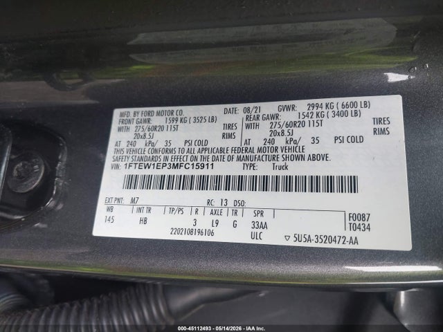 Aukcja sprzedaży 2021 Ford F-150 Lariat, vin: 1FTEW1EP3MFC15911, numer aukcji: 45112493