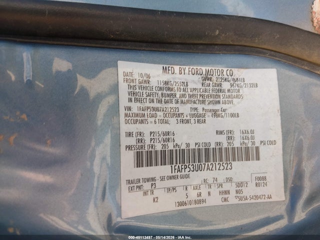 45112497 :رقم المزاد ، 1FAFP53U07A212523 vin ، 2007 Ford Taurus Se مزاد بيع