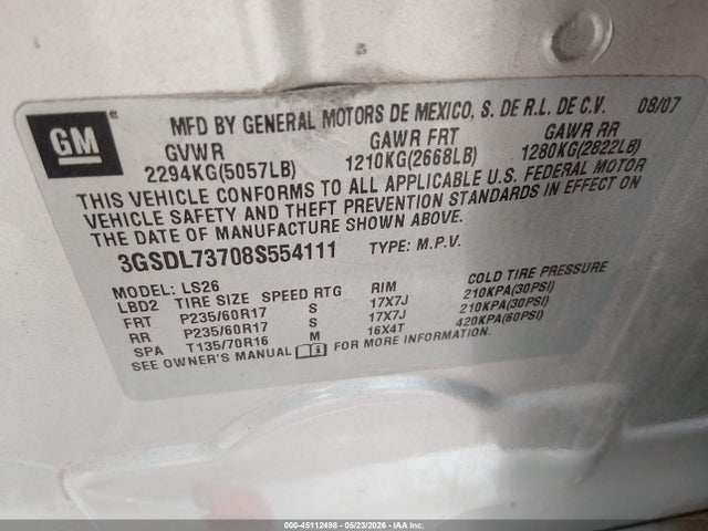 2008 Saturn Vue V6 Xr მანქანა იყიდება აუქციონზე, vin: 3GSDL73708S554111, აუქციონის ნომერი: 45112498