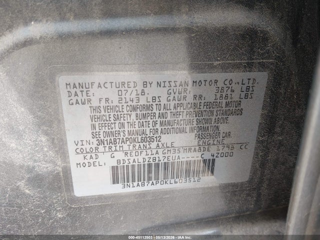 Aukcja sprzedaży 2019 Nissan Sentra Sv, vin: 3N1AB7AP0KL603512, numer aukcji: 45112503