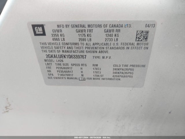 Aukcja sprzedaży 2013 Gmc Terrain Slt-1, vin: 2GKALUEK1D6339767, numer aukcji: 45112504