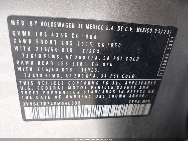 Aukcja sprzedaży 2025 Volkswagen Taos 1.5t Se, vin: 3VVSC7B24SM040509, numer aukcji: 45112509