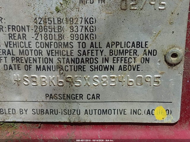 45112510 :رقم المزاد ، 4S3BK695XS8346095 vin ، 1995 Subaru Legacy Postal مزاد بيع