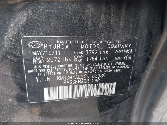 2012 Hyundai Elantra Gls (ulsan Plant) მანქანა იყიდება აუქციონზე, vin: KMHDH4AE2CU183339, აუქციონის ნომერი: 45112512
