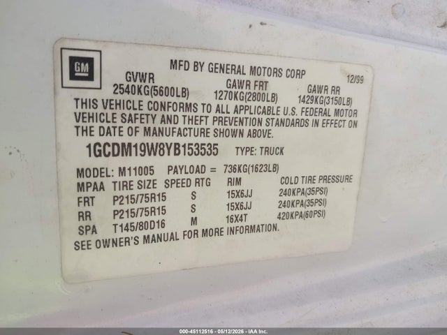 45112516 :رقم المزاد ، 1GCDM19W8YB153535 vin ، 2000 Chevrolet Astro مزاد بيع