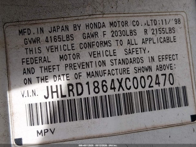 1999 Honda Cr-v Ex მანქანა იყიდება აუქციონზე, vin: JHLRD1864XC002470, აუქციონის ნომერი: 45112520