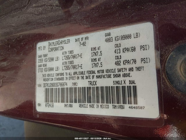 Продажа на аукционе авто 2003 Dodge Ram 2500 Slt/laramie/st, vin: 3D7KU28683G706074, номер лота: 45112527