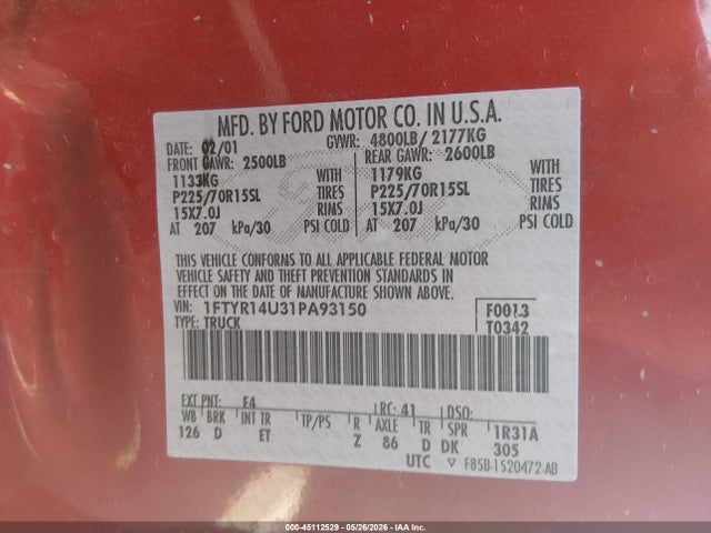 Продажа на аукционе авто 2001 Ford Ranger Edge/xl/xlt, vin: 1FTYR14U31PA93150, номер лота: 45112529