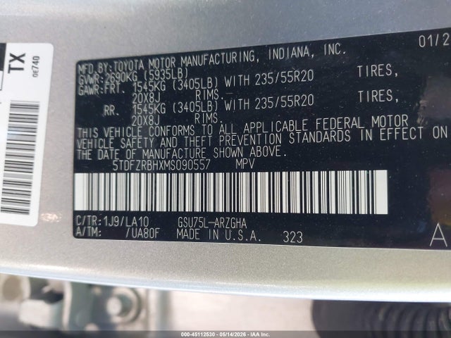 45112530 :رقم المزاد ، 5TDFZRBHXMS090557 vin ، 2021 Toyota Highlander Platinum مزاد بيع