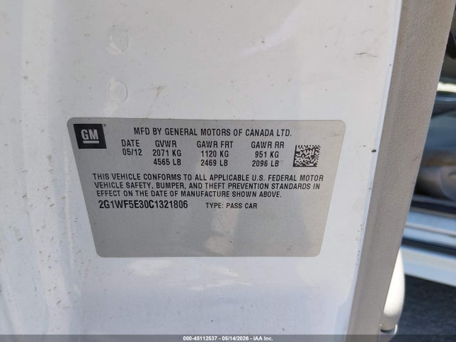 2012 Chevrolet Impala Ls მანქანა იყიდება აუქციონზე, vin: 2G1WF5E30C1321806, აუქციონის ნომერი: 45112537