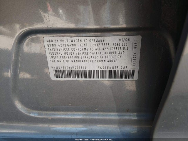 Продажа на аукционе авто 2008 Volkswagen Rabbit S, vin: WVWDA71K98W233715, номер лота: 45112551