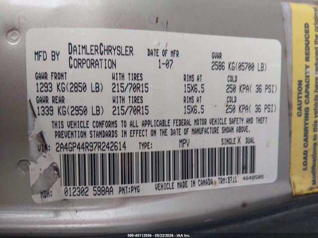 45112556 :رقم المزاد ، 2A4GP44R97R242614 vin ، 2007 Chrysler Town & Country Lx مزاد بيع