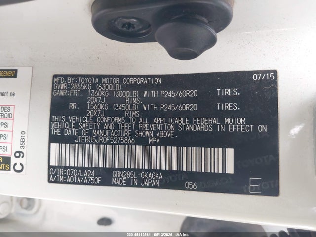 Toyota 4runner Limited 2015 JTEBU5JR0F5275866 Image 9
