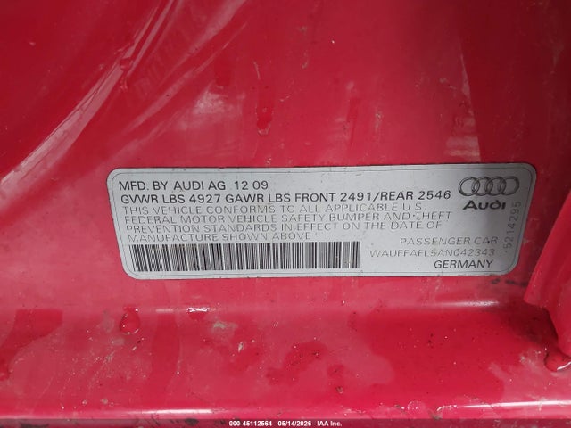 Aukcja sprzedaży 2010 Audi A4 2.0t Premium, vin: WAUFFAFL5AN042343, numer aukcji: 45112564