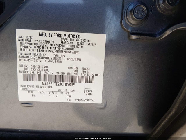 45112566 :رقم المزاد ، MAJ3P1TE2JC185809 vin ، 2018 Ford Ecosport Se مزاد بيع