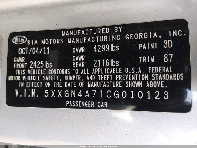 Aukcja sprzedaży 2012 Kia Optima Ex, vin: 5XXGN4A71CG010123, numer aukcji: 45112576