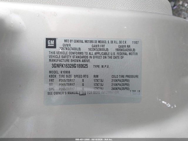 Auction sale of the 2008 Chevrolet Suburban 1500 Lt, vin: 3GNFK16328G180625, lot number: 45112580