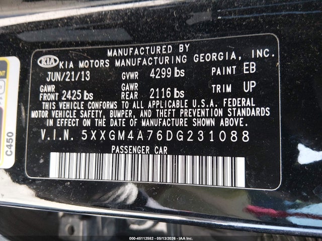 45112582 :رقم المزاد ، 5XXGM4A76DG231088 vin ، 2013 Kia Optima Lx مزاد بيع