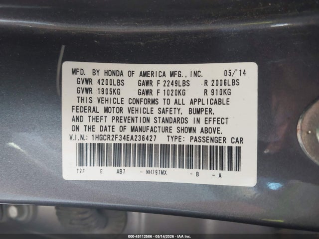 45112586 :رقم المزاد ، 1HGCR2F34EA236427 vin ، 2014 Honda Accord Lx مزاد بيع