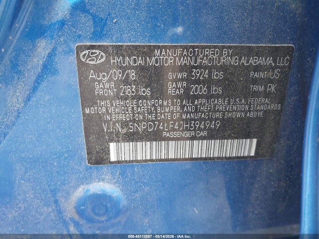 Продажа на аукционе авто 2018 Hyundai Elantra Se, vin: 5NPD74LF4JH394949, номер лота: 45112597