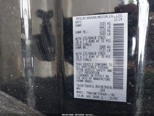 45112598 :رقم المزاد ، 5N1BT3BA0SC808966 vin ، 2025 Nissan Rogue Sv Fwd مزاد بيع