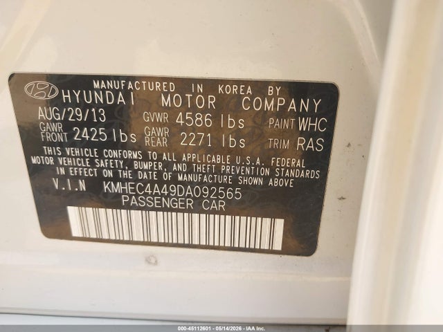 45112601 :رقم المزاد ، KMHEC4A49DA092565 vin ، 2013 Hyundai Sonata Hybrid Limited مزاد بيع