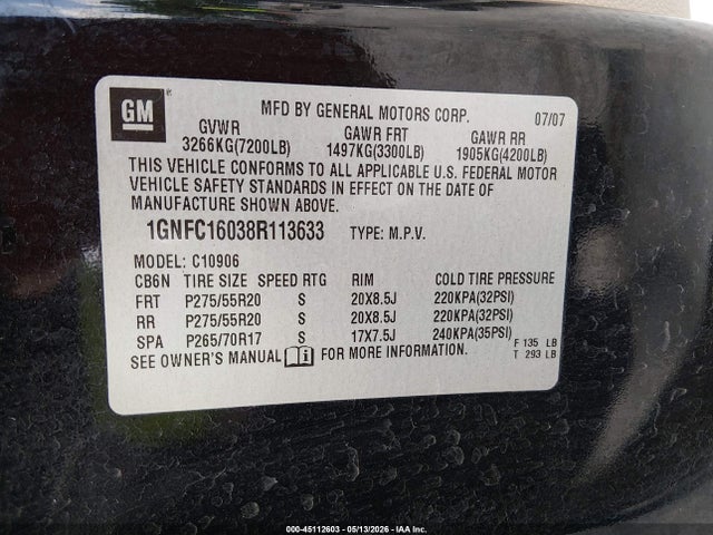 Aukcja sprzedaży 2008 Chevrolet Suburban 1500 Ltz, vin: 1GNFC16038R113633, numer aukcji: 45112603