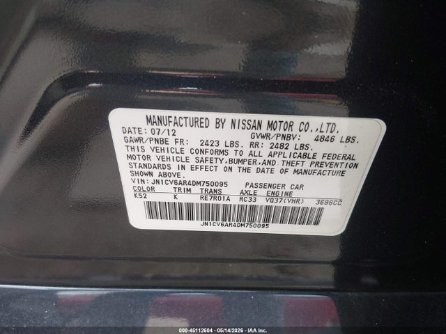 Aukcja sprzedaży 2013 Infiniti G37x, vin: JN1CV6AR4DM750095, numer aukcji: 45112604
