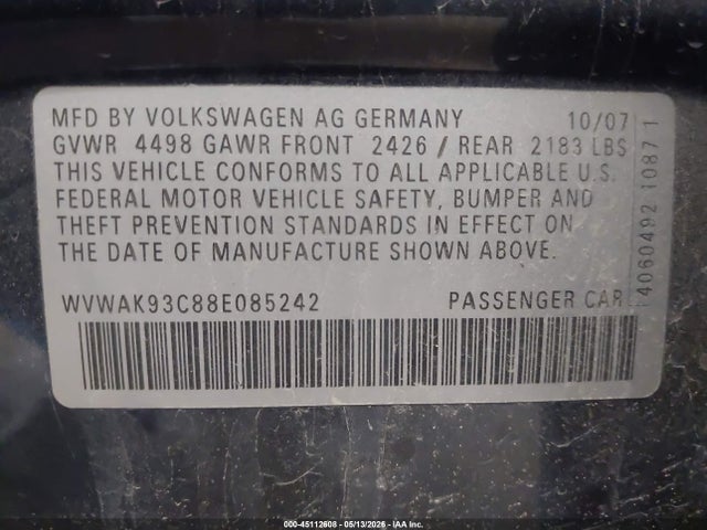 2008 Volkswagen Passat Komfort მანქანა იყიდება აუქციონზე, vin: WVWAK93C88E085242, აუქციონის ნომერი: 45112608