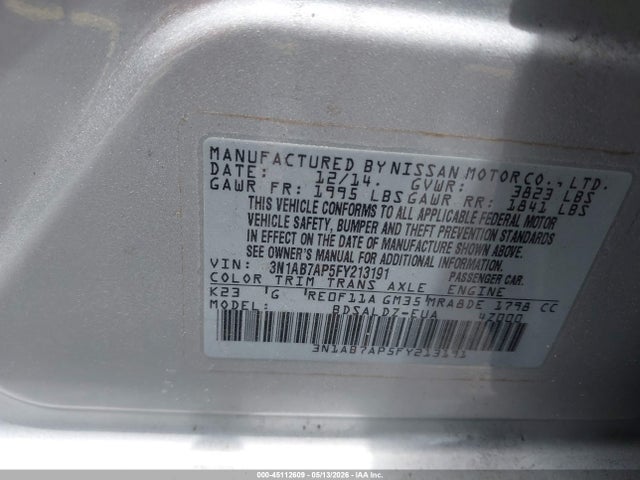 Aukcja sprzedaży 2015 Nissan Sentra Sv, vin: 3N1AB7AP5FY213191, numer aukcji: 45112609