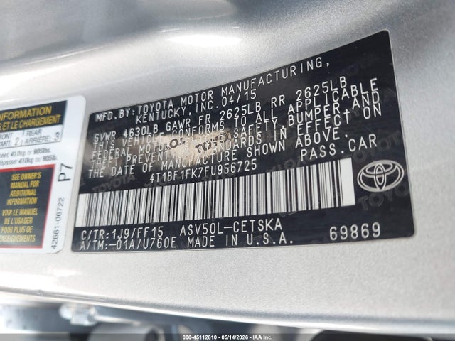 Auction sale of the 2015 Toyota Camry Se, vin: 4T1BF1FK7FU956725, lot number: 45112610