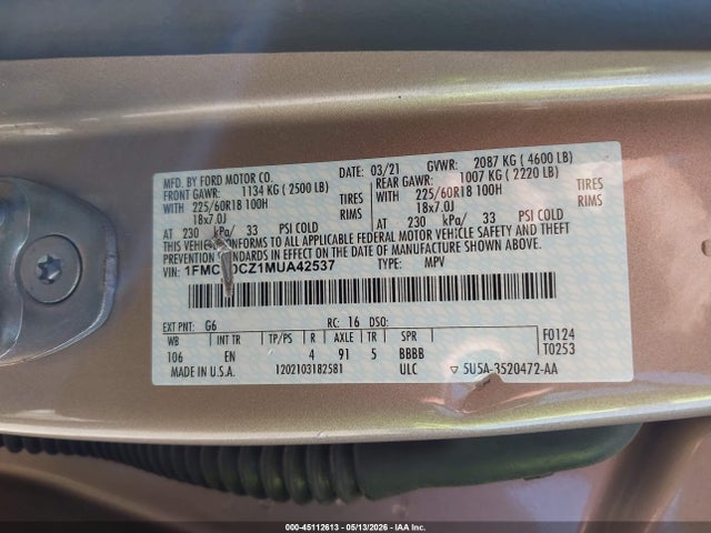 Aukcja sprzedaży 2021 Ford Escape Sel Hybrid, vin: 1FMCU0CZ1MUA42537, numer aukcji: 45112613