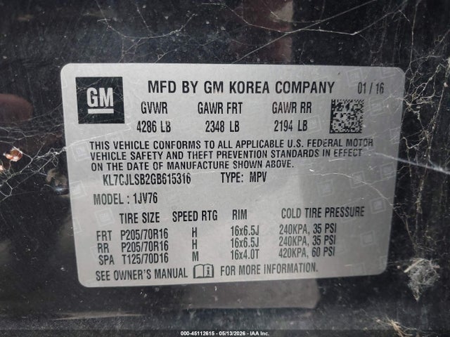 45112615 :رقم المزاد ، KL7CJLSB2GB615316 vin ، 2016 Chevrolet Trax Lt مزاد بيع