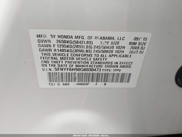 Honda Pilot Touring 2016 5FNYF6H90GB030473 Image 9