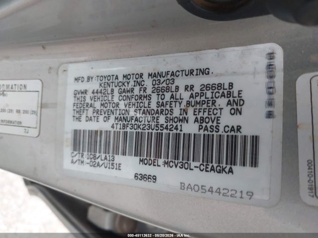 45112632 :رقم المزاد ، 4T1BF30K23U554241 vin ، 2003 Toyota Camry Xle V6 مزاد بيع