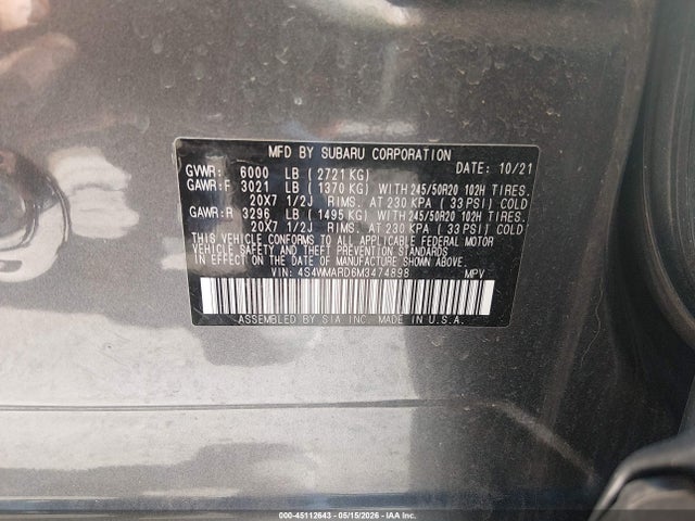 45112643 :رقم المزاد ، 4S4WMARD6M3474898 vin ، 2021 Subaru Ascent Touring مزاد بيع