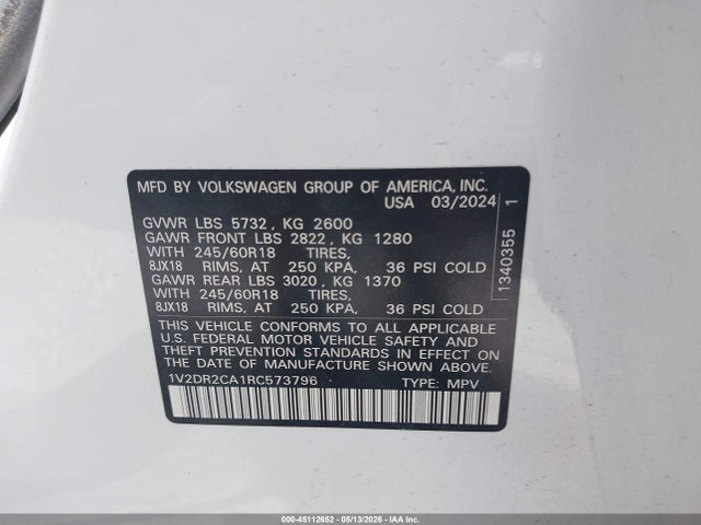 Продаж на аукціоні авто 2024 Volkswagen Atlas 2.0t Se, vin: 1V2DR2CA1RC573796, номер лоту: 45112652