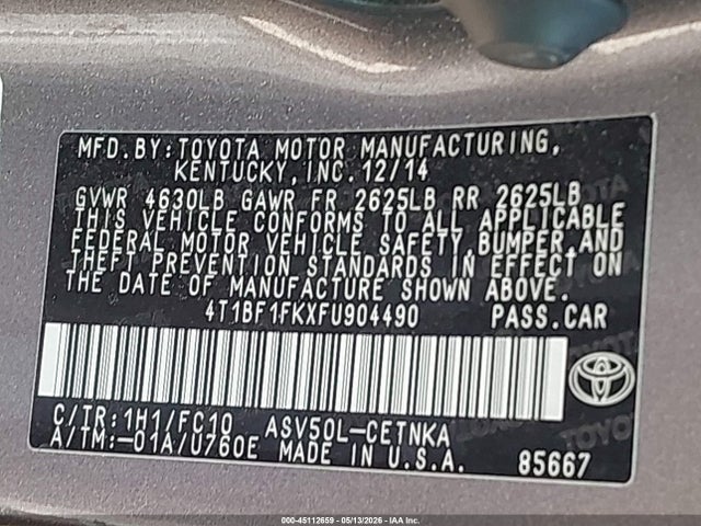 45112659 :رقم المزاد ، 4T1BF1FKXFU904490 vin ، 2015 Toyota Camry Le مزاد بيع