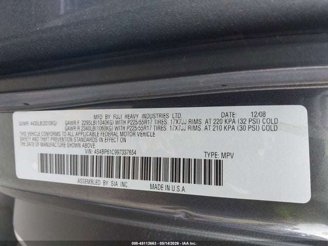 Продажа на аукционе авто 2009 Subaru Outback 2.5i, vin: 4S4BP61C997337654, номер лота: 45112663