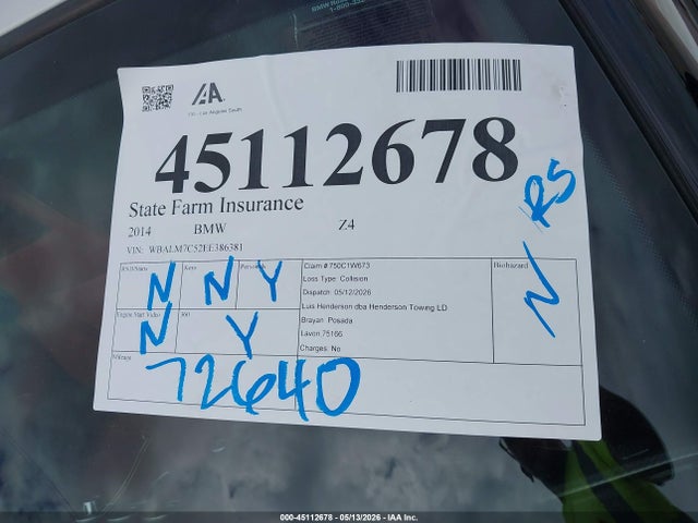 Aukcja sprzedaży 2014 Bmw Z4 Sdrive35i, vin: WBALM7C52EE386381, numer aukcji: 45112678